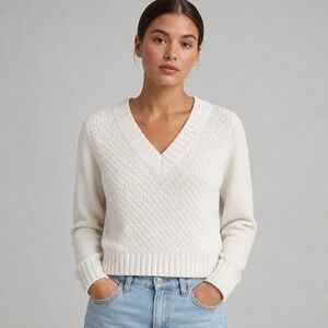 Vintage 90s 2000 Izod Womens XL V Neck Sweater Ivory White Textured Pullover